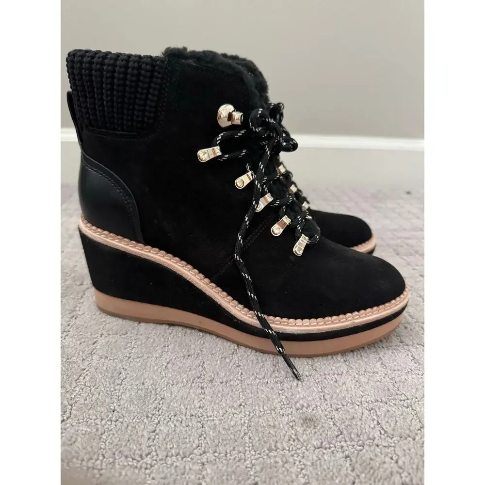 NWOB Kate Spade Willow Genuine Shearling Wedge Bootie in Black SZ 8